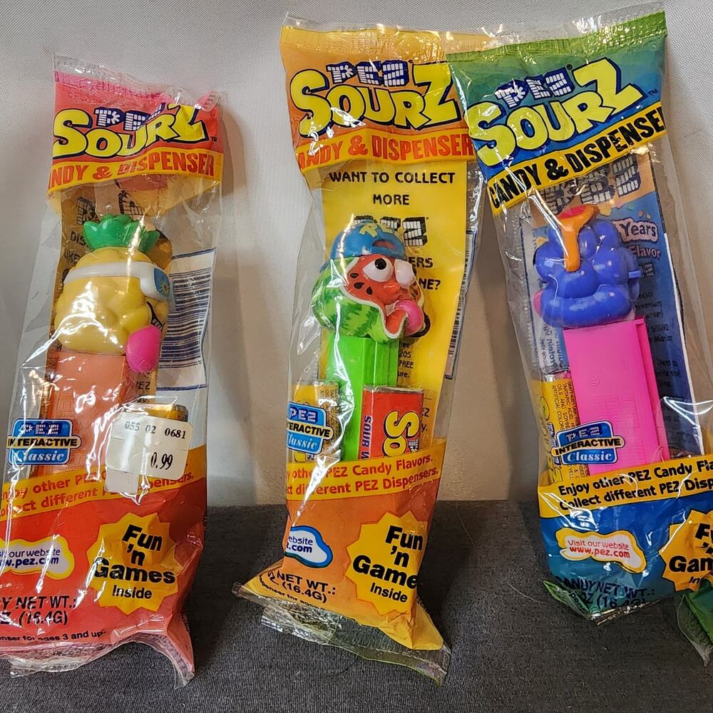 PEZ SOURZ SOURS SET of 3 WATERMELON,PINEAPPLE,BLUE RASPBERRY SEALED BAGS